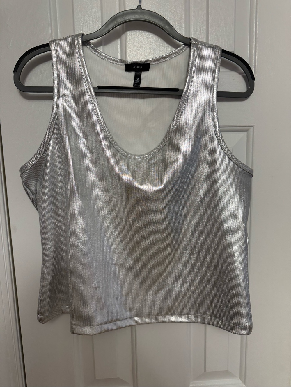 AQUA Metallic Silver Ribbed Tank Top XL Shimmer Stretch Party Top